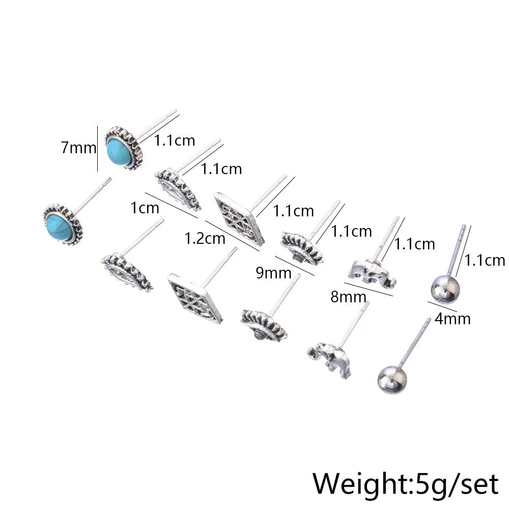 6 пар, винтажные серьги-гвоздики в виде слона с голубым камнем, набор, богемные серебряные круглые металлические вечерние Комплект сережек, ювелирные изделия, новинка