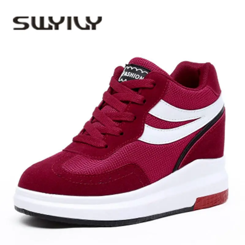 SWYIVY Women Sport Shoes Genuine Leather Platform Slope Walking Shoes Height Increasing Lady High-top Mesh  Breathable Footwear