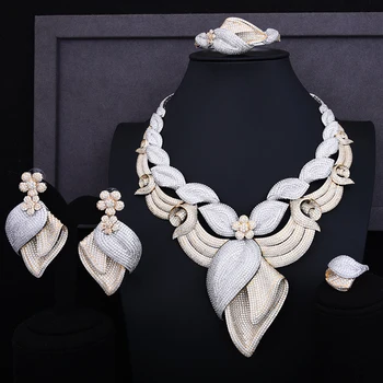 

GODKI Exclusive Sparkly Luxury Flower Blossom Women Wedding Cubic Zirconia Lariat Necklace Earring Bangle Ring Jewelry Set