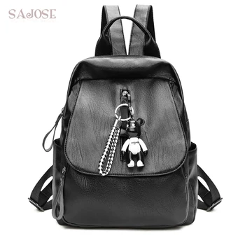 

Women Leather Backpack High Quality Female Bear Black Pu Fashion Shoulder Bag School Backpacks for Teenage Girls Drop Shipping