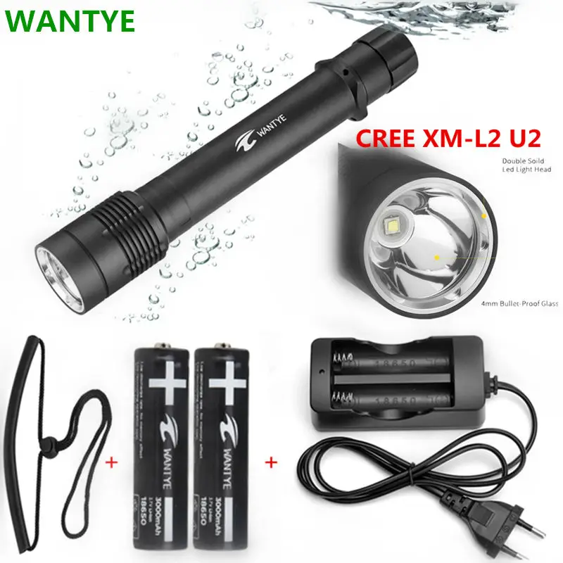 

100M Diving flashlight LED diving light lamp XM-L2 L2 Diver Torch 6000Lumens flash light lanterna+18650 Battery/Charger