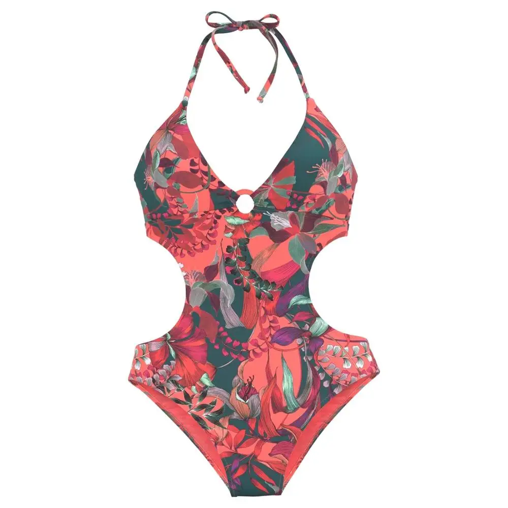 Retro Swimsuit Female Backless Swimming Suit Printing Summer Monokini Swimwear Cutout One-piece Swimwear Women Sexy Bodysuit