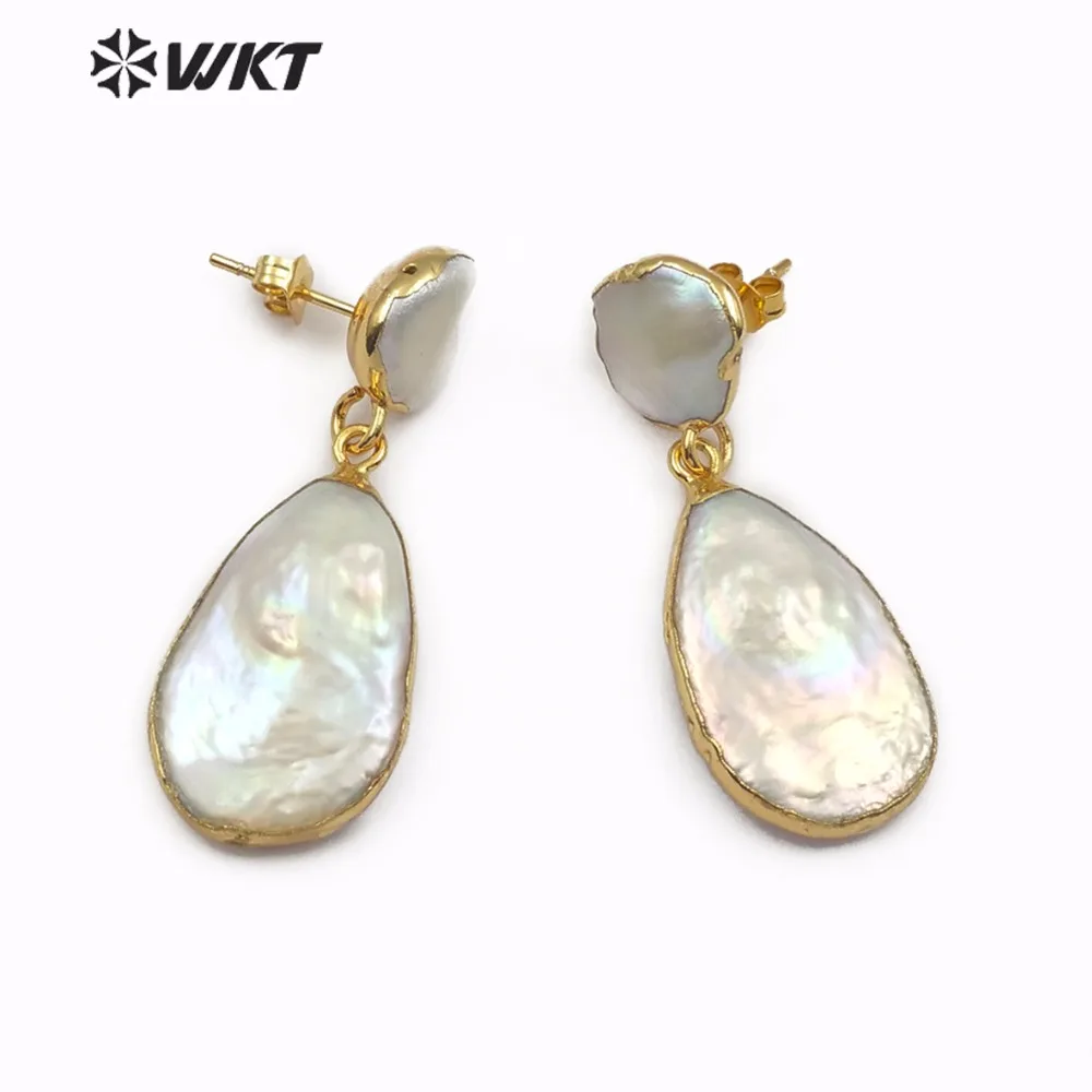 

WT-E489 WKT Natural Freshwater Pearl Teardrop Shape Earrings Double White Pearl Jewelry with Gold Bezel Lady Gift Pearl Earrings