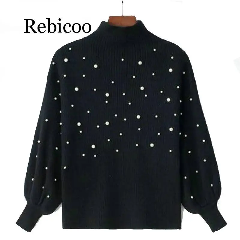 

2019 Women's Knit Sweater Pearl Beaded Lantern Sleeve Sweater Half Turtleneck Knit Pullover Pearl Shirt