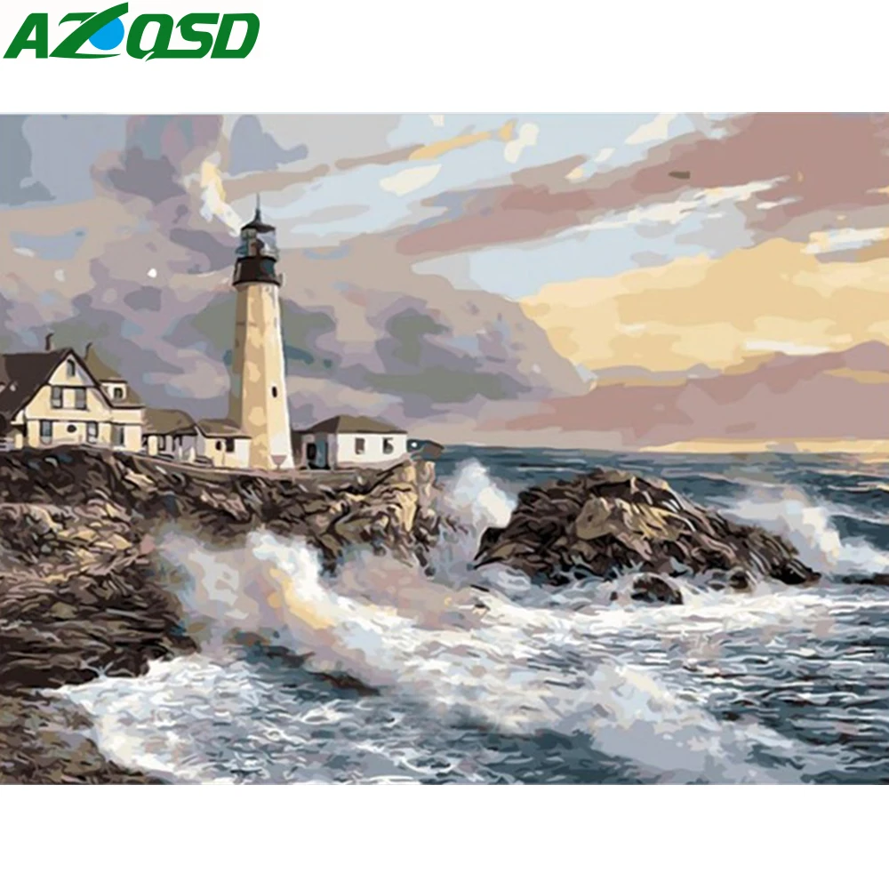 

AZQSD Paint By Numbers Landscape Home Decor Acrylic Modular Digital Oil Painting Seaside Lighthouse Wall Art Frameless szyh160