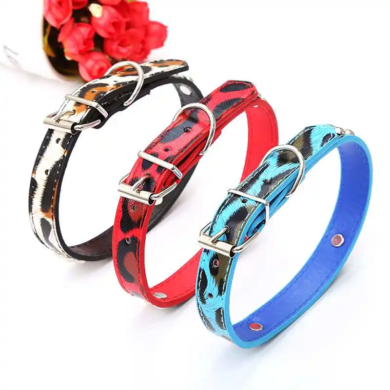 

Fashion Pet Collar Cat Dog PU Leather Collar Puppy Adjustable Traction Collar with Fish Patterns Leopard Print and Bells