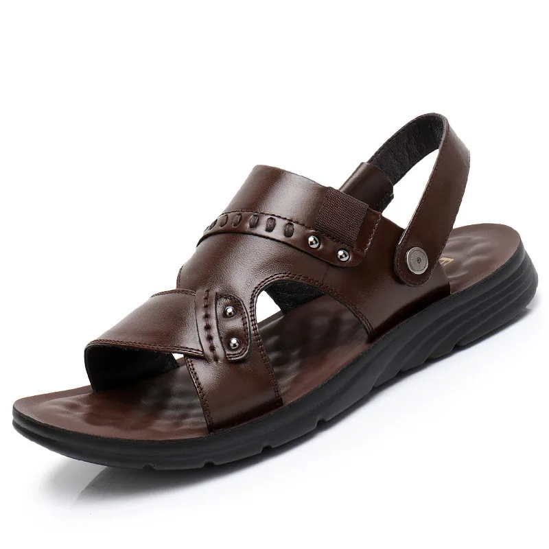 

Men Sandals Cow Leather Black Brown Men Summer Shoes Breathable Beach Sandals Fashion Men Shoes Soft
