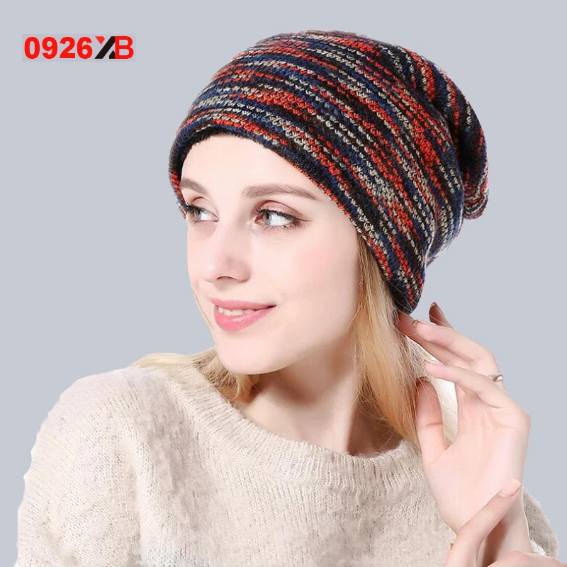 0926XB Winter Knitted Wool Beanies Hat women Knit Colorful Striped Hip