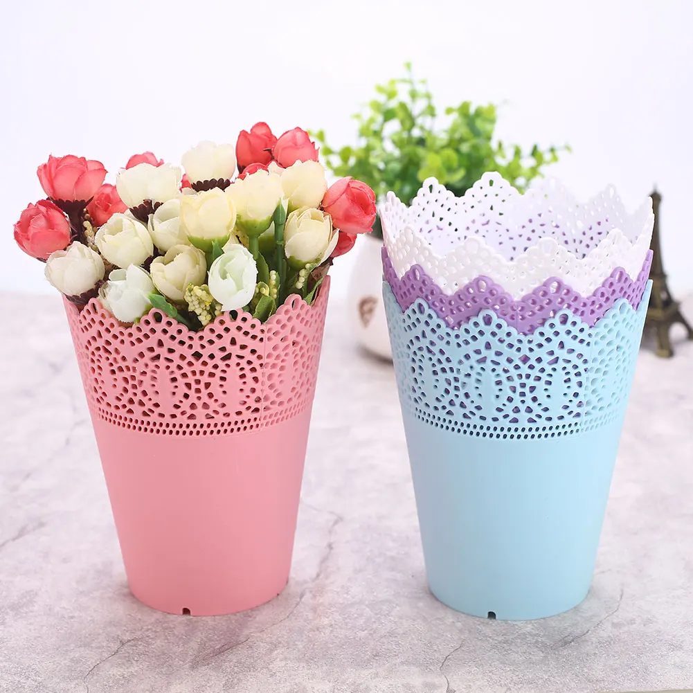 

1Pc Pink/White/Blue Plastic Desk Tidy Holder Pen Container Lace Plant Vase Pot Flower Pot Pen Container Flower Vase Organizer
