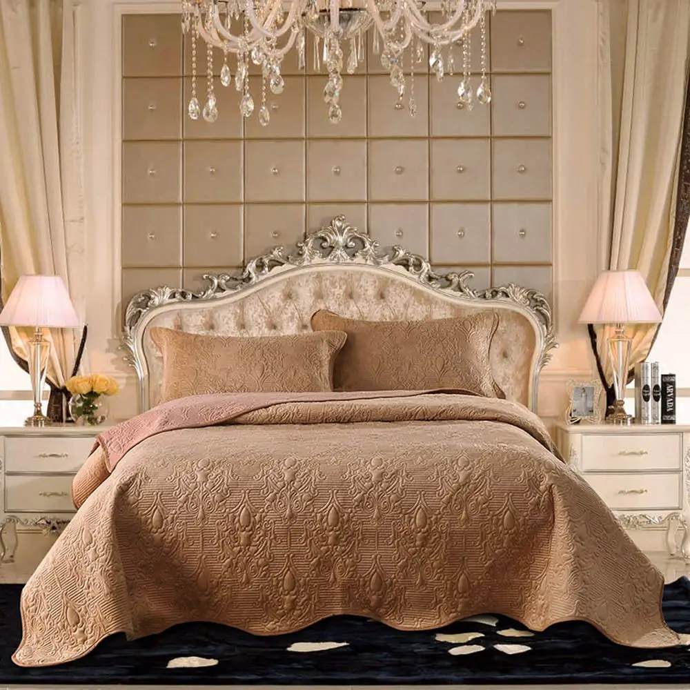 

2019 Light Brown Quilting 3Pcs Bedspread Set Washed Cotton/Crystal Velvet Fabric Blankets 230x250cm Stitching Bed Covers