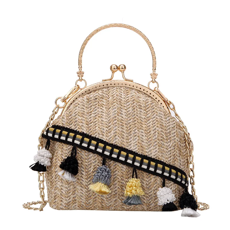 

New Fashion Fringed decoration Straw Bag Handbags Women Summer Rattan Bag Handmade Woven Beach Circle Bohemia Straw Handbag