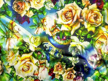 

Yellow Rose Flowers printed silk fabrics Brand Stretch Satin 97% Mulberry Silk Cloth Hot Sale Cheongsam african dress Wholesale