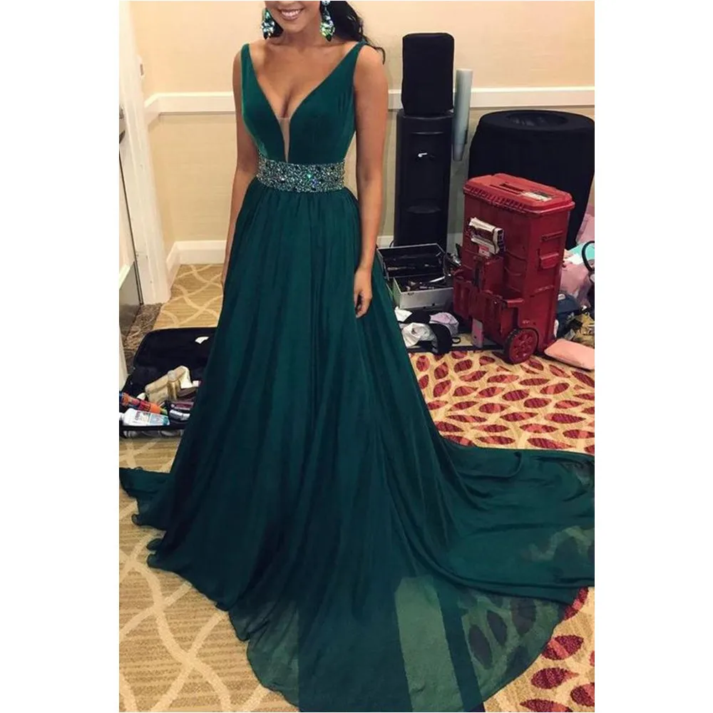 Dark Green Chiffon Evening Dress 2018 Elegant Sweep Train Beading Waist
