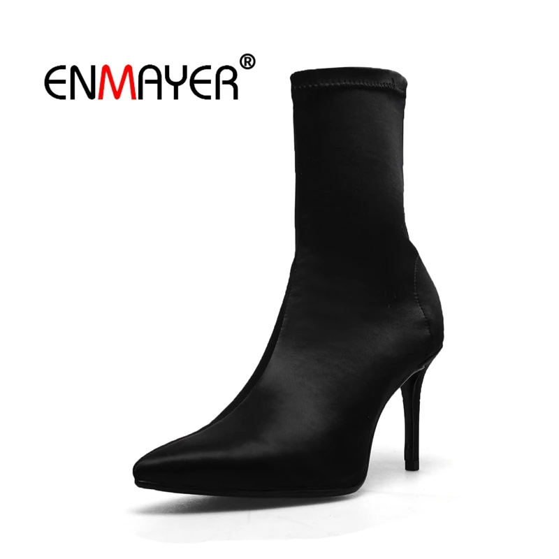 

ENMAYER Woman Ankle boots Winter Pointed toe Short boots Black Size 33-40 Causal Pleated High heels Slip on Thin heels CR1628