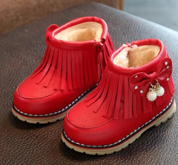 Зимние детские зимние ботинки для маленьких девочек; брендовые Детские ботинки с мягкой подошвой; модные теплые хлопковые плюшевые ботинки принцессы для девочек с мехом; Botas - Цвет: Красный