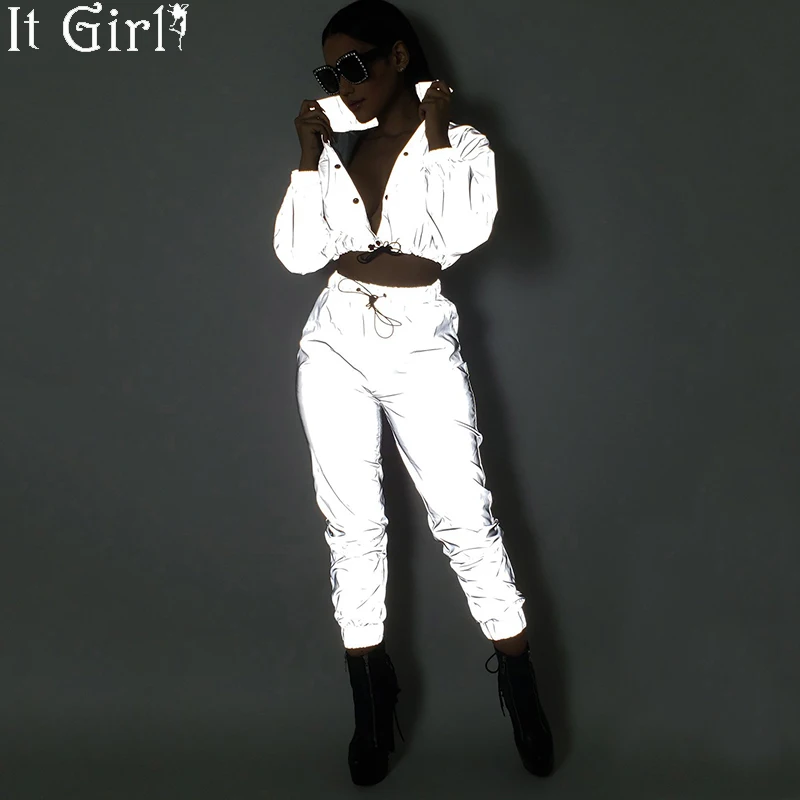 

2019 Reflective 2 Piece Set Drawstring Crop Top and Pants Hip Hop Club Festival Outfit Tracksuit Joggers Suitsweatsuits z66