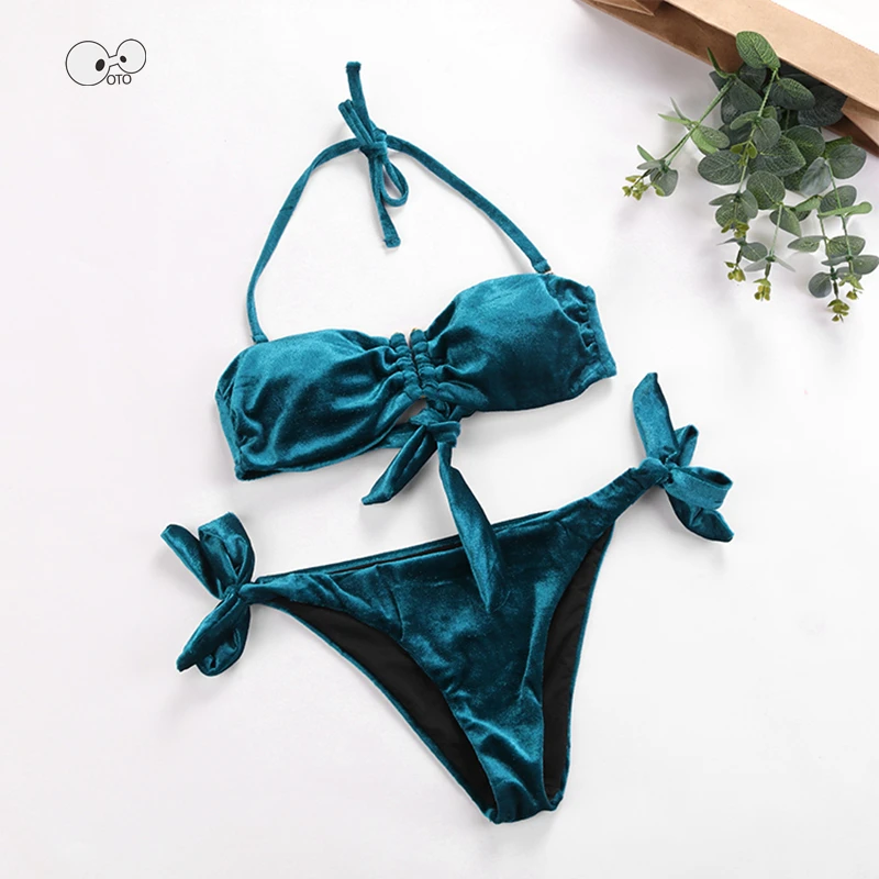 

2019 Two-pieces Strappy Bandeau Velvet Bikini Set Women Swimming Beach Wear Swimsuit Bathing Suits Swim Halter Triangle Swimwear