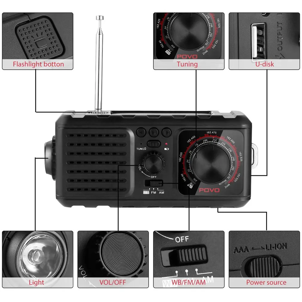Солнечный Кривошип NOAA погода радио для аварийной ситуации с AM/FM фонарик лампа для чтения и 2000 мАч банк питания