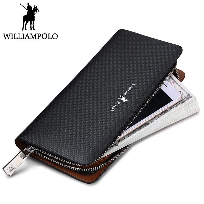 

WILLIAMPOLO Fashion Men Clutch Bags Leather Blue Zipper Long Wallet Genuine Leather Purse Phone Case Pouch male Checkbook Wallet