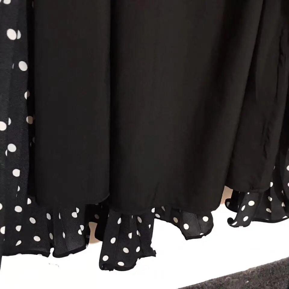 Новое Элегантное женское черное плиссированное платье в белый горошек с коротким рукавом