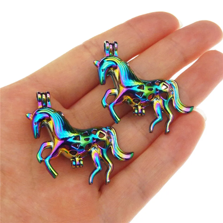 

10pcs rainbow color unicorn pearl cage pendant aromaing oil diffuser box, add your own pearl, stone makes it more attractive.