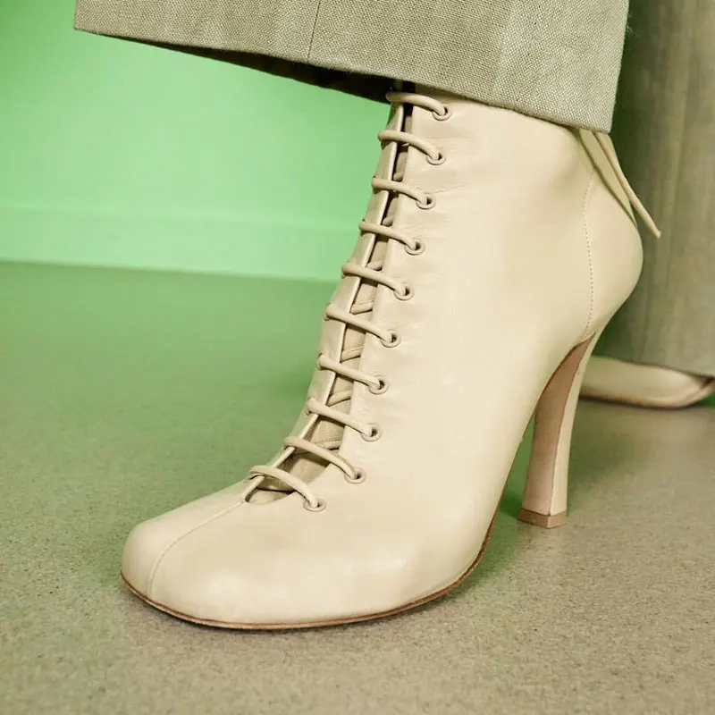 Knsvvli/женские ботильоны из натуральной кожи на шнуровке; новые стильные женские ботинки на высоком каблуке с круглым носком на молнии; Бежевые Женские Ботинки martin
