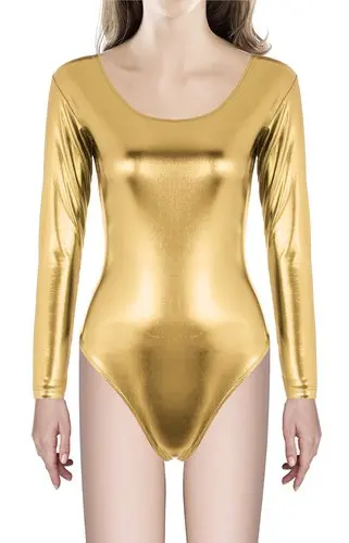 Серебряный женский купальник с длинным рукавом, металлический купальник для гимнастики, балета, танцев, трико, лайкра, Спандекс-боди, танцевальная одежда для взрослых, костюм - Цвет: Gold