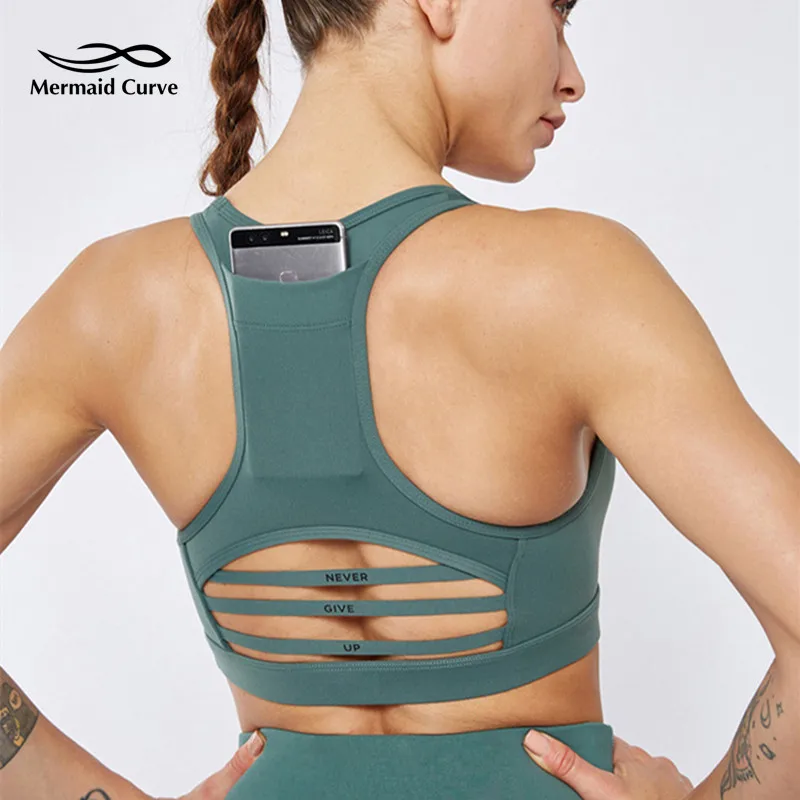 

Mermaid Curve New Women Back Pocket Design Sports Bra Quakeproof Running Bra Gym Breathable Hollow Out Fitness Jogging Yoga Bra