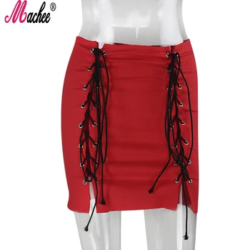 

Machee Spring Summer 2019 Sexy Lace Up Cross Pencil Solid Skirt Women Elegant Hollow Out Short Vintage Split bodycon Black Skirt