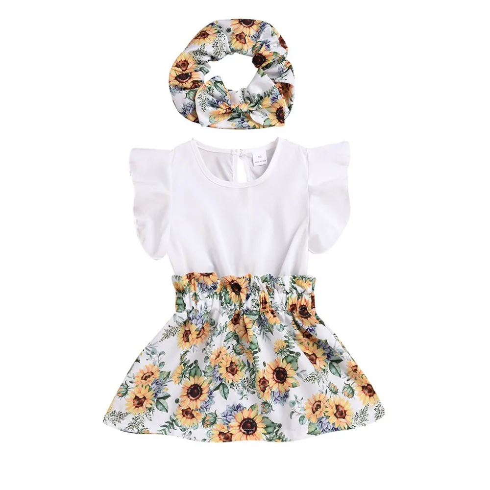 

MUQGEW girls clothes 2019 Hot Summer Baby Toddler Girls Kids Clothes Fly Sleeve Sunflower Print Dress+Headbands Sets Outfit