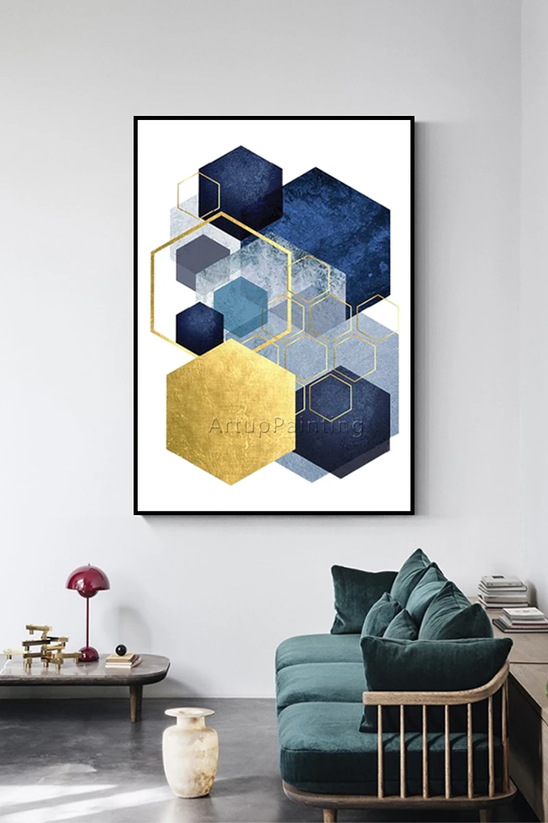Geometric Gold Blue Acrylic Morden Abstract Painting on Canvas Hand Painted Wall Art Pictures for Living Room Home Decoracion