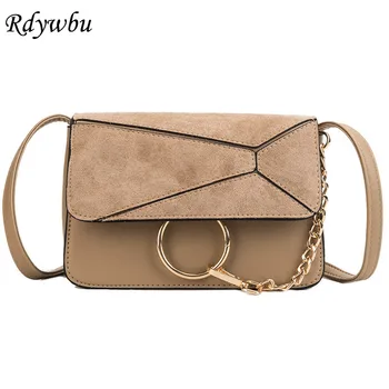 

Rdywbu Women Metal Ring Crossbody Bag Fashion Female Scrub PU Leather Chain Shoulder Bag Girl Small Patchwork Messenger Bag B313