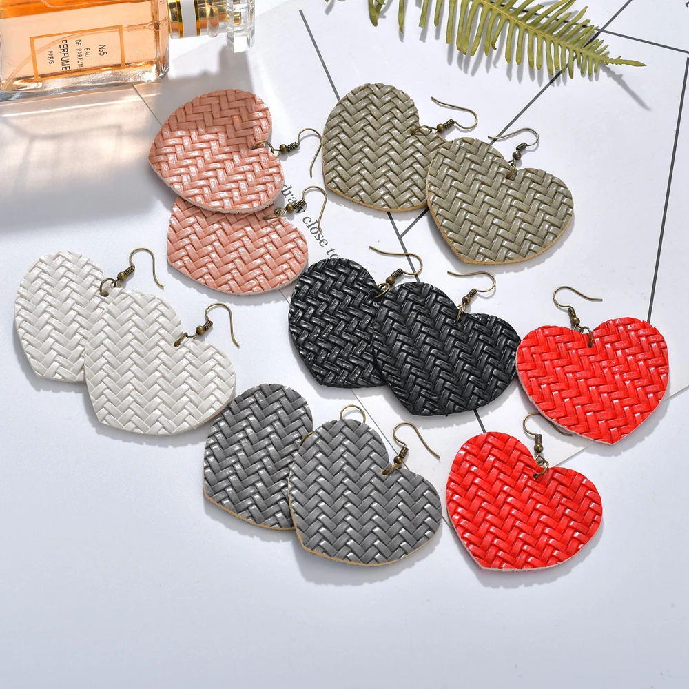 

MESTILO Handmade Love Heart Dangle Earrings For Women PU Leather Weave Rattan Dangle Earrings Female Fashion Jewelry 2019 Hot
