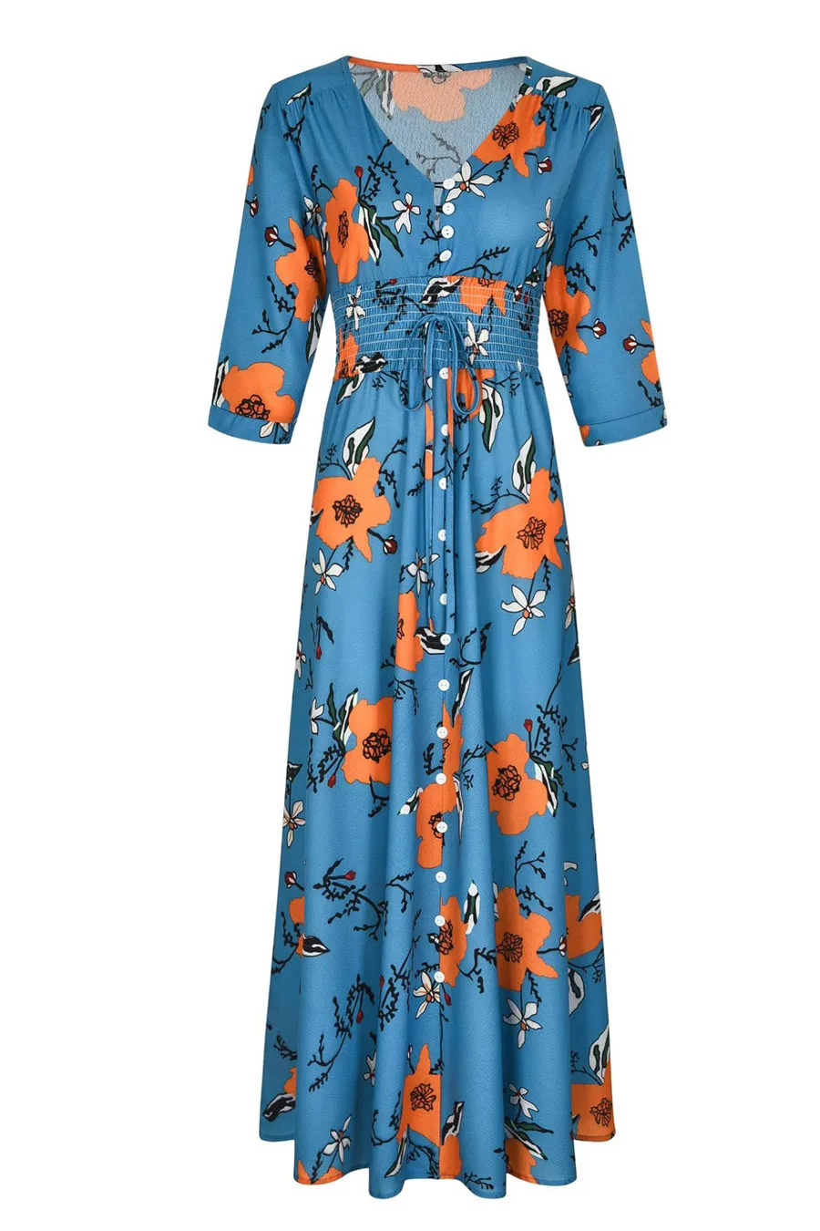 Gladiolus 2019 Spring Summer Dress Women 34 Sleeve V Neck Sexy Floral Print Bohemian Women Maxi Dress Long Beach Ladies Dresses (35)