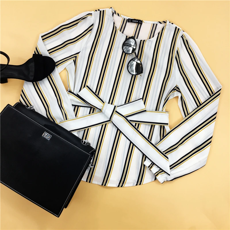 White Office Lady Elegant Striped Print Scoop Neck Long Sleeve Blouse Workwear Women Tops And Blouses
