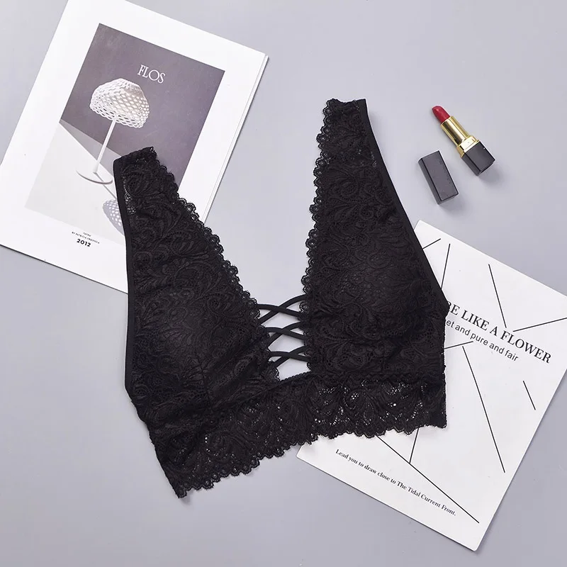 

Women Lace Bralette Sexy Camisoles Female Deep V Back Cross Wirefree Underwear Tank Crop Lingerie Brassiere