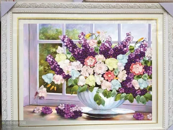 

Needlework,DIY Ribbon Cross stitch Sets for Embroidery kit,Beautiful Purple vase flowers Cross-Stitch handwork house decor