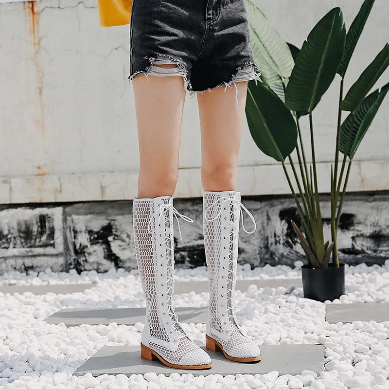 

Jookrrix Shoes Women Brand White Boots Knee High Sexy Lady Long Boot chaussure Cross-tied Summer Breathable Female footware Mesh