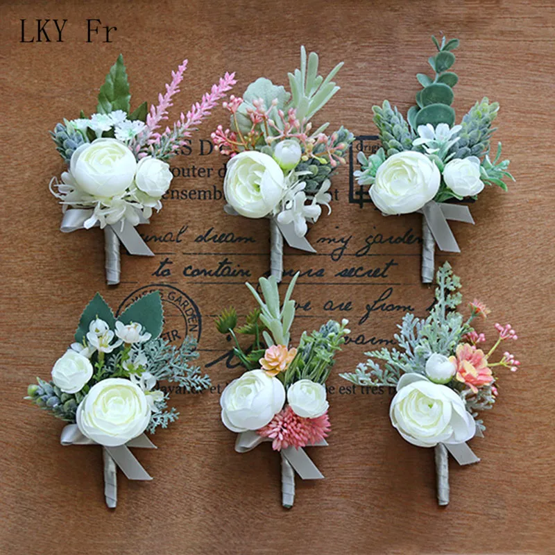 

LKY Fr Boutonniere Wedding Corsage Pins White Wedding Corsages and Boutonnieres Buttonhole Silk Roses Man Marriage Accessories