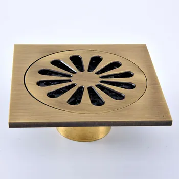 

Antique Brass Vintage Retro Carved Flower Pattern Bathroom Shower Drain 4" Square Floor Drain Waste Grates ahr076
