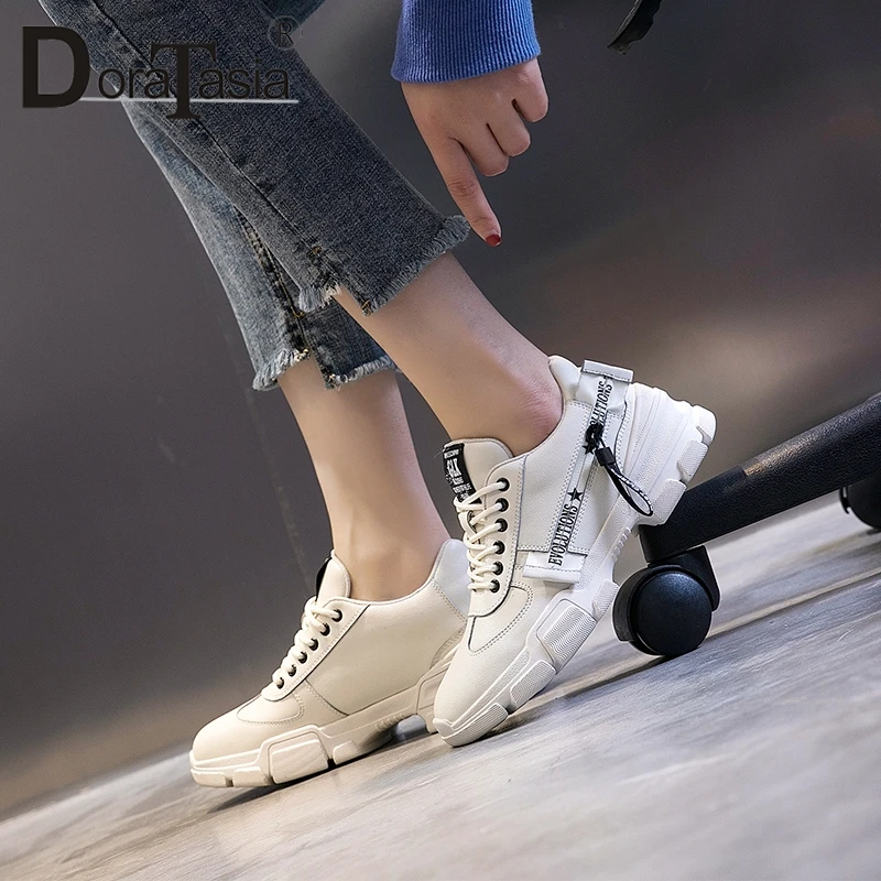 Plate Dames Baskets À 2019 Loisir Sneakers Chaussures En De Pour Doratasia Cuir Beige forme Nouvelle blanc Plat Scission Femme Lacets Twdq7x