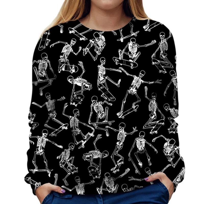 Худи с 3D принтом черепа для скейтбординга, женские толстовки, спортивный костюм черного цвета на осень и зиму, Женский пуловер с капюшоном, джемпер, уличная одежда размера плюс