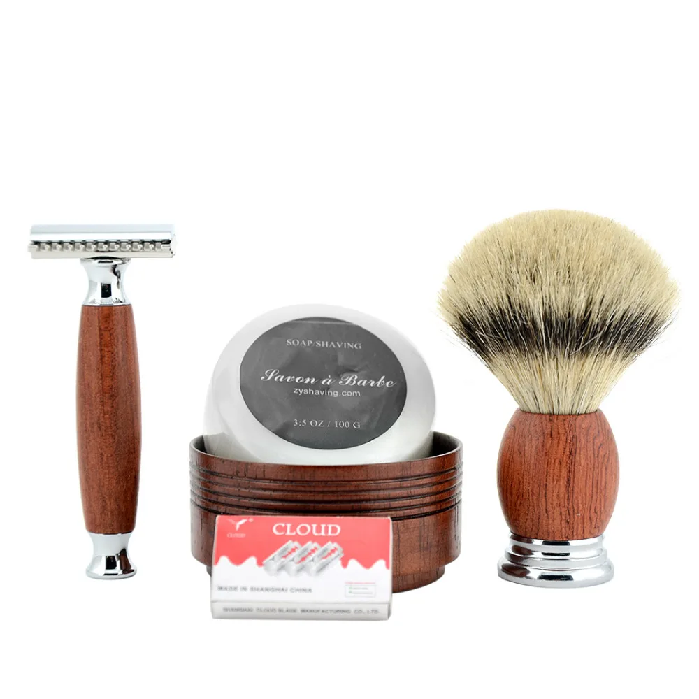 

Grandslam Double Edge Safety Razor Shaving Set Men Badger Hair Shaving Brush Natural Wood Cream Bowl Mug With Shaving Soap Kit