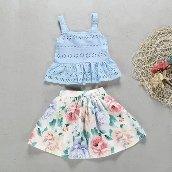 

2019 Baby Girls Cotton Sleeveless top blue color + Flower Dress 2PC Clothes set for Girls 1-4T