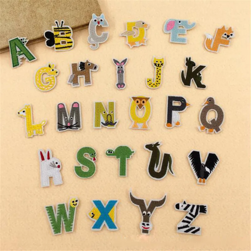 A-Z English letters patches Animal shape iron On Or Sew Fabric Sticker For Clothes Badge Embroidered Appliques DIY for kids | Дом и сад