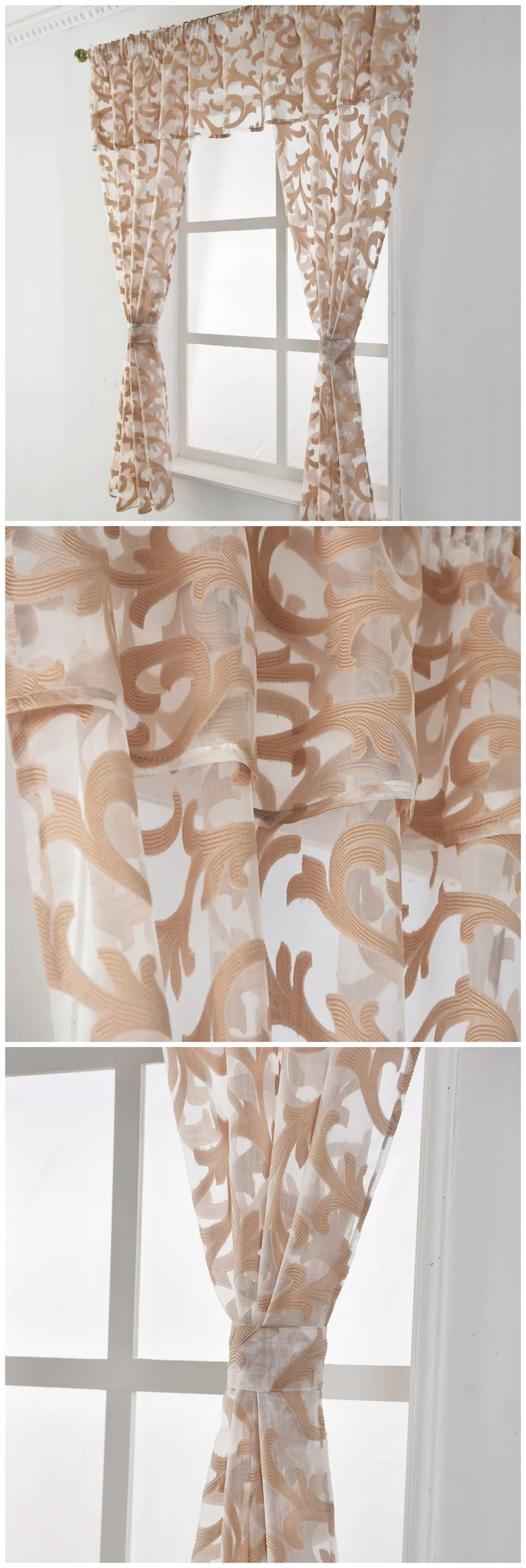 Smt505-1 NAPEARL Floral Leaves Jacquard Short Tulle Drops Valance Set Kitchen Windows With Ropes Cream Color Rustic Decor Fabric Circle