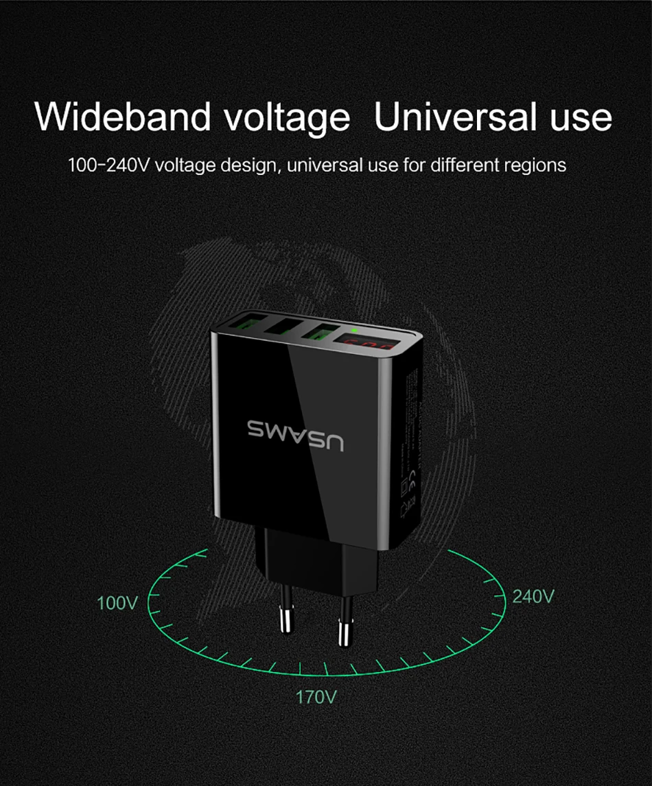 Светодиодный дисплей 3 USB зарядное устройство, USAMS Универсальное зарядное устройство для мобильного телефона Max 3A EU US настенное зарядное устройство для iPhone 7 8 X samsung Xiaomi зарядное устройство