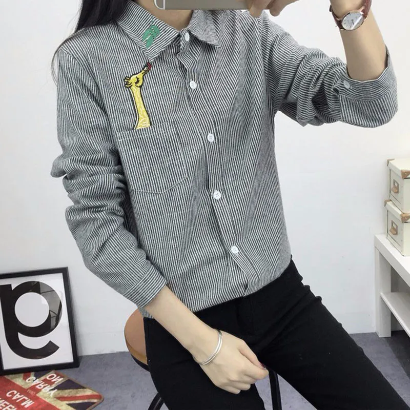 2016 New Spring and Autumn Womens Shirt Blouse Cat Embroidery Long Sleeve Women Shirts Casual Tops Size M-XL14