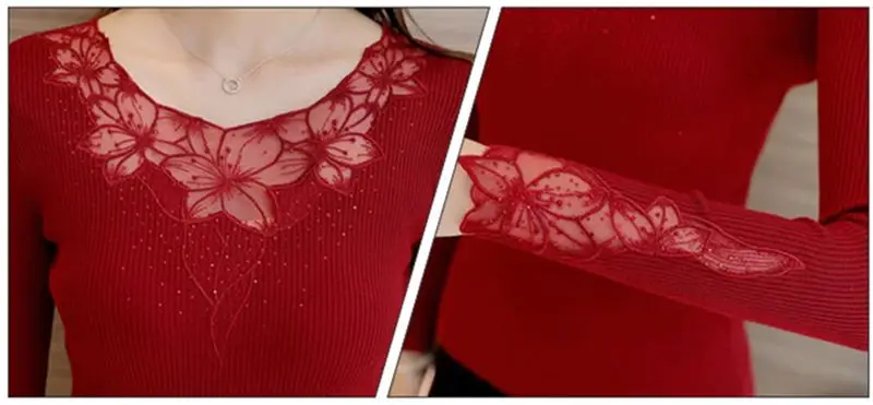 New Autumn Winter Sweaters Women Hot Sale Embroidery Lace Hollow Long Sleeve Pullovers Slim Knitted Sweater Female Tops Femme