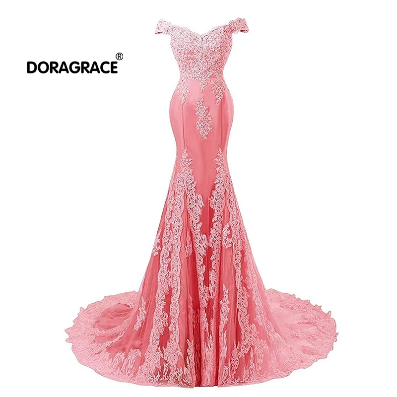 

Doragrace Glamorous Off-Shoulder Floor-Length Applique Mermaid Evening Dresses Long Prom Gowns